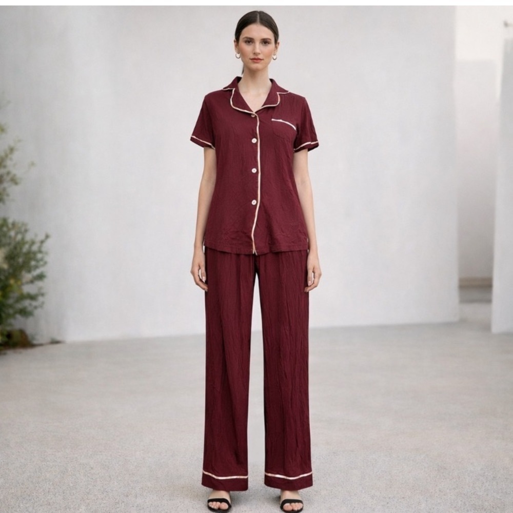 CosaBella short sleeve PJ set burgundy with light pink saying trim size Small